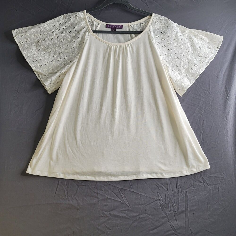 Gloria Vanderbilt Large Ivory Eyelet Sleeve Blouse Flutter Sleeve Boho Top